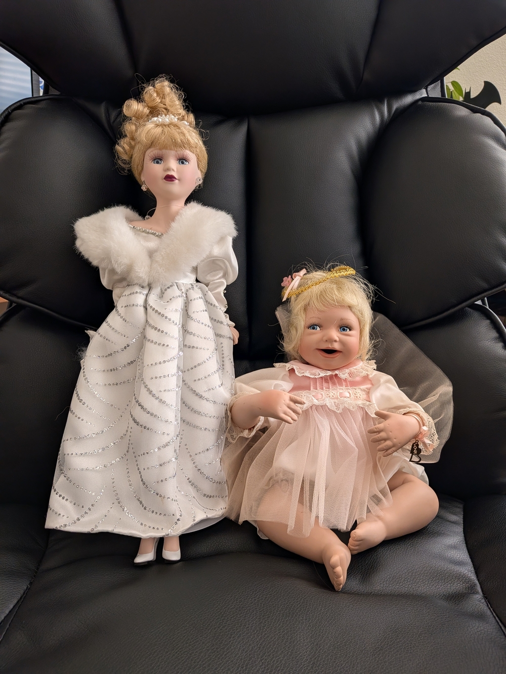 Porcelain Fashion Doll in White Fur Gown & Pink Tulle Baby Doll Set